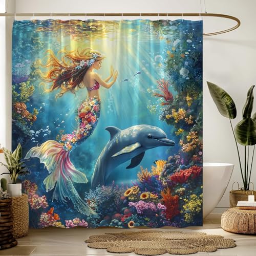Ocean Mermaid Shower Curtain - 70" x 70" Floral Underwater Decor