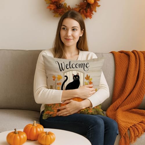 Set of 2 Fall Black Cat Pumpkin Pillow Covers - 18x18 Inch Double-Sided