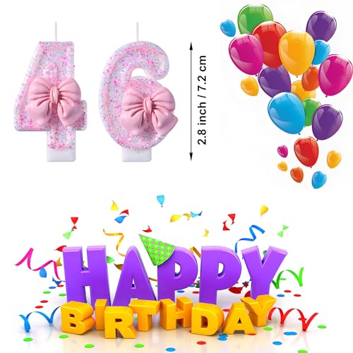 46 or 64 Birthday Candle with Pink Glitter Bow, Number Cake Topper