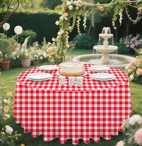 SietDESEO 84-Inch Round Red Gingham Tablecloth - 2 Pack Disposable Plaid Cover