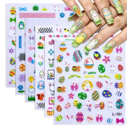 Easter Nail Art Stickers 6 Sheets Self-Adhesive Bunny Decals