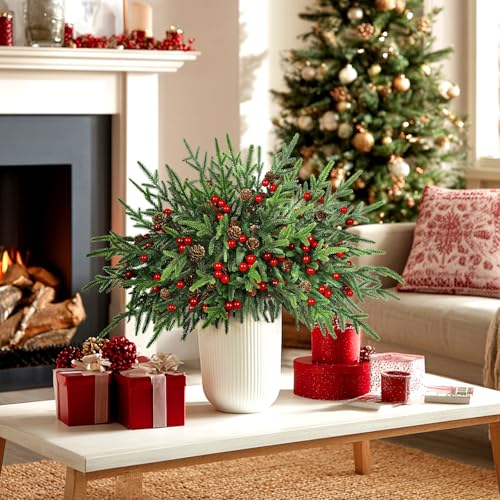 Green 15 Pack Artificial Norfolk Pine Stems with Pine Cones & Red Berries - Christmas Decor