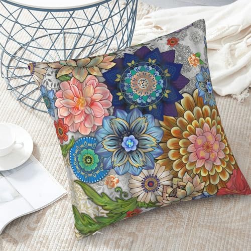 Bohemian Mandala Throw Pillow Cover 18x18 Inch - Colorful Floral, Boho Style, Double Sided Design