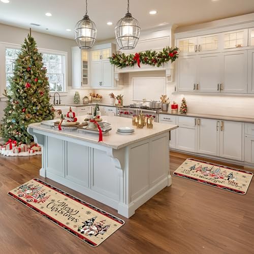 Christmas Kitchen Rugs Set of 2 Faux Wood Grain Runner Floor Mats - Holiday Decor