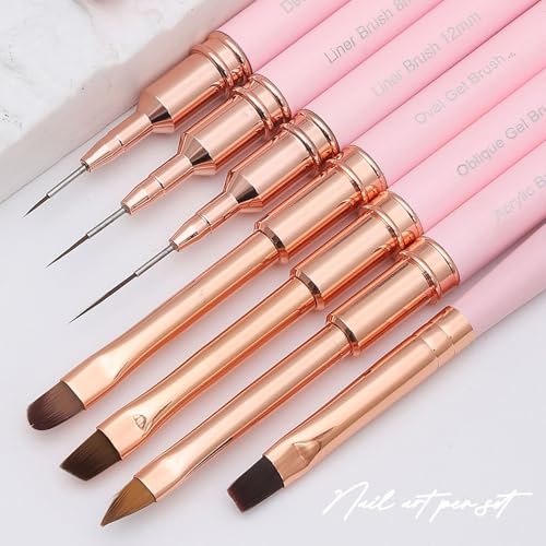 WOKOTO 7-Piece Pink Nail Art Brush Set for Acrylic and Gel Nails