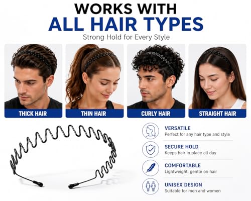 Metal Headbands for Men and Women - 2 Pack Non-Slip Wavy Hair Hoops