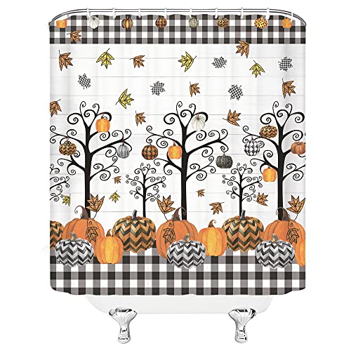 Rustic Autumn Pumpkin Shower Curtain, Fall Floral Buffalo Check, 72x72 Inch