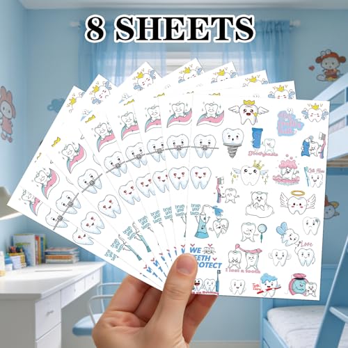 INCOK Cute Dental Tooth Temporary Tattoos - 8 Sheets 200+ Cartoon Stickers