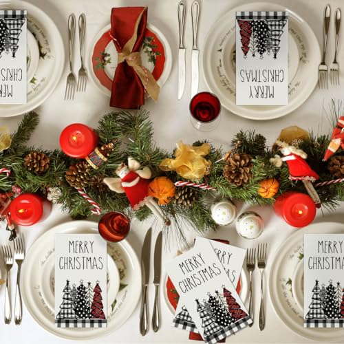 Christmas Paper Napkins 50 Pack - Buffalo Plaid Xmas Tree Design, 4.3 x 7.9 Inches, White