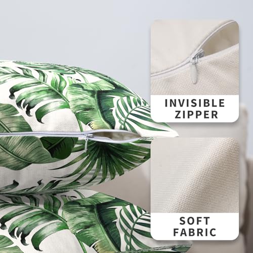 Tropical Palm Leaf Pillow Covers 18x18 Set of 2, Cotton Linen Throw Cases
