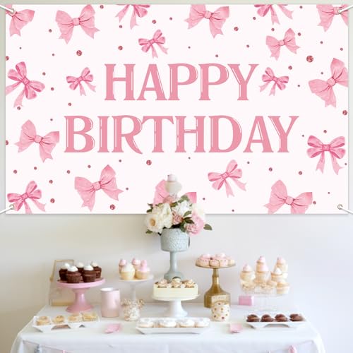 Pink Bow Happy Birthday Backdrop Banner - 71 x 43 Inch Fabric Decor