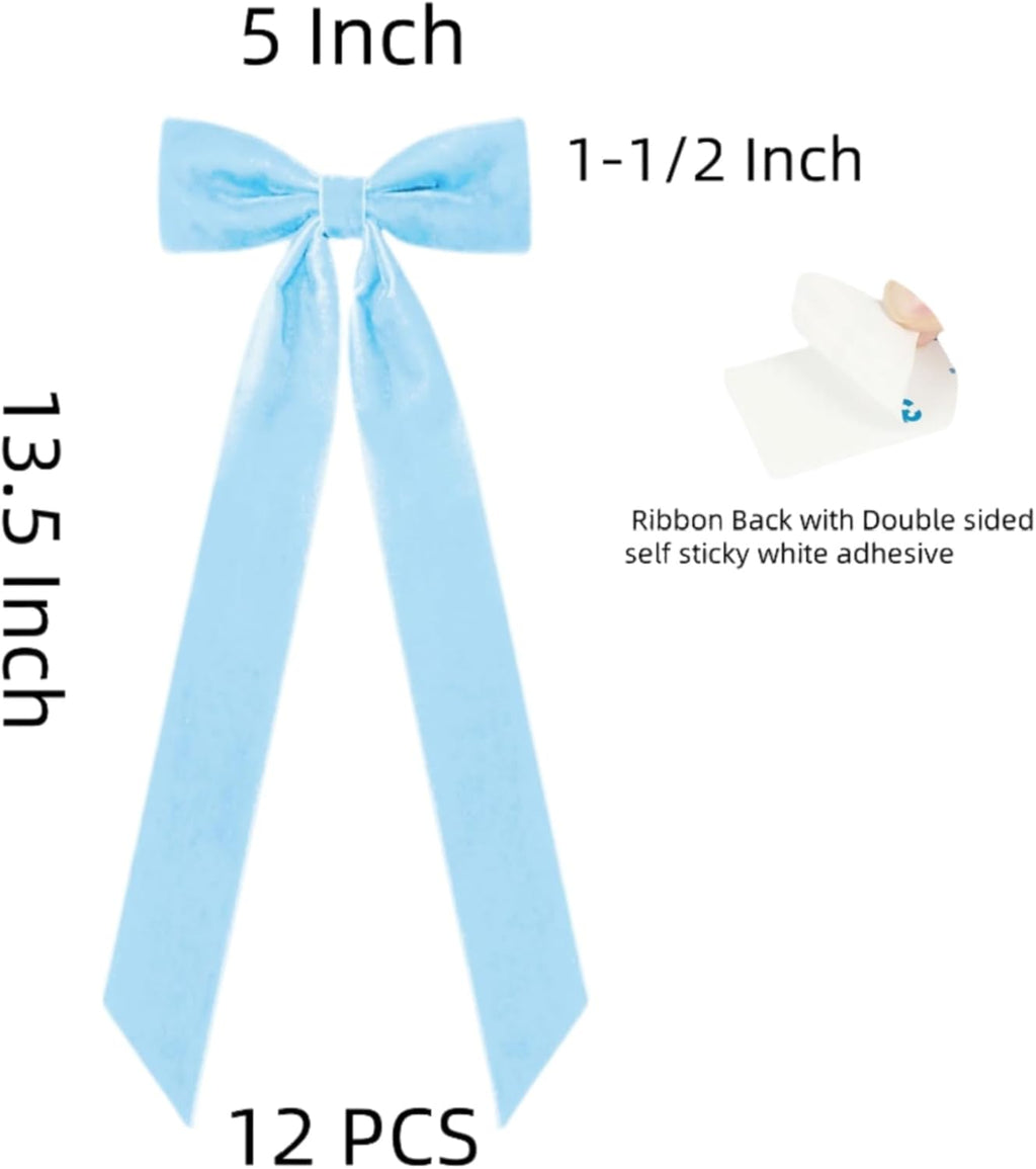 Meseey Baby Blue Candlestick Holders - 12 Pcs Decorative Velvet Bows | 5x13.5 Inch Centerpieces for Events