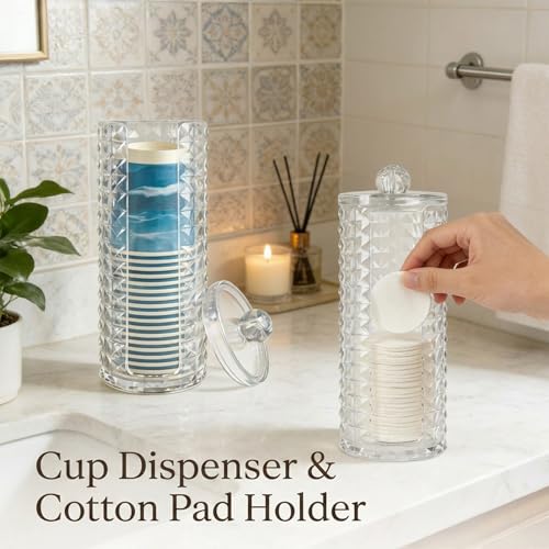 Legrape Clear Bathroom Cup Dispenser & Cotton Pad Holder Set - Space-Saving Organizers