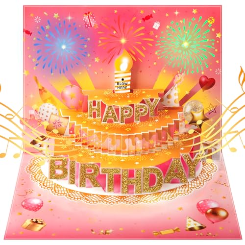 Pop Up Birthday Card for Women - Pink LED Light & Music