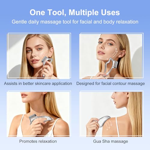 HUGJOG Metal Face and Body Massage Roller with Gua Sha Edge for Tension Relief