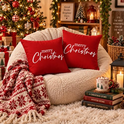 Christmas Pillow Covers 2 Pack - Red Merry Christmas Throw Pillow Cases for Holiday Decor