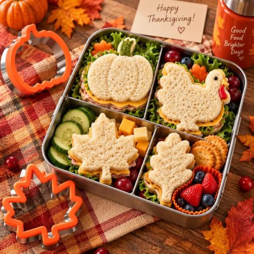 Thanksgiving Cookie Cutters Set - 4 Stainless Steel Shapes for Baking & Sandwiches - Pumpkin, Maple Leaf, Turkey, Leaves