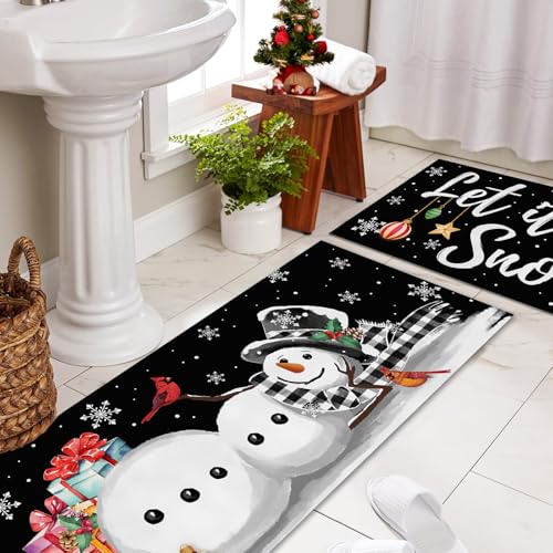Black Let It Snow Christmas Kitchen Rug Set - 2 Piece Winter Decor