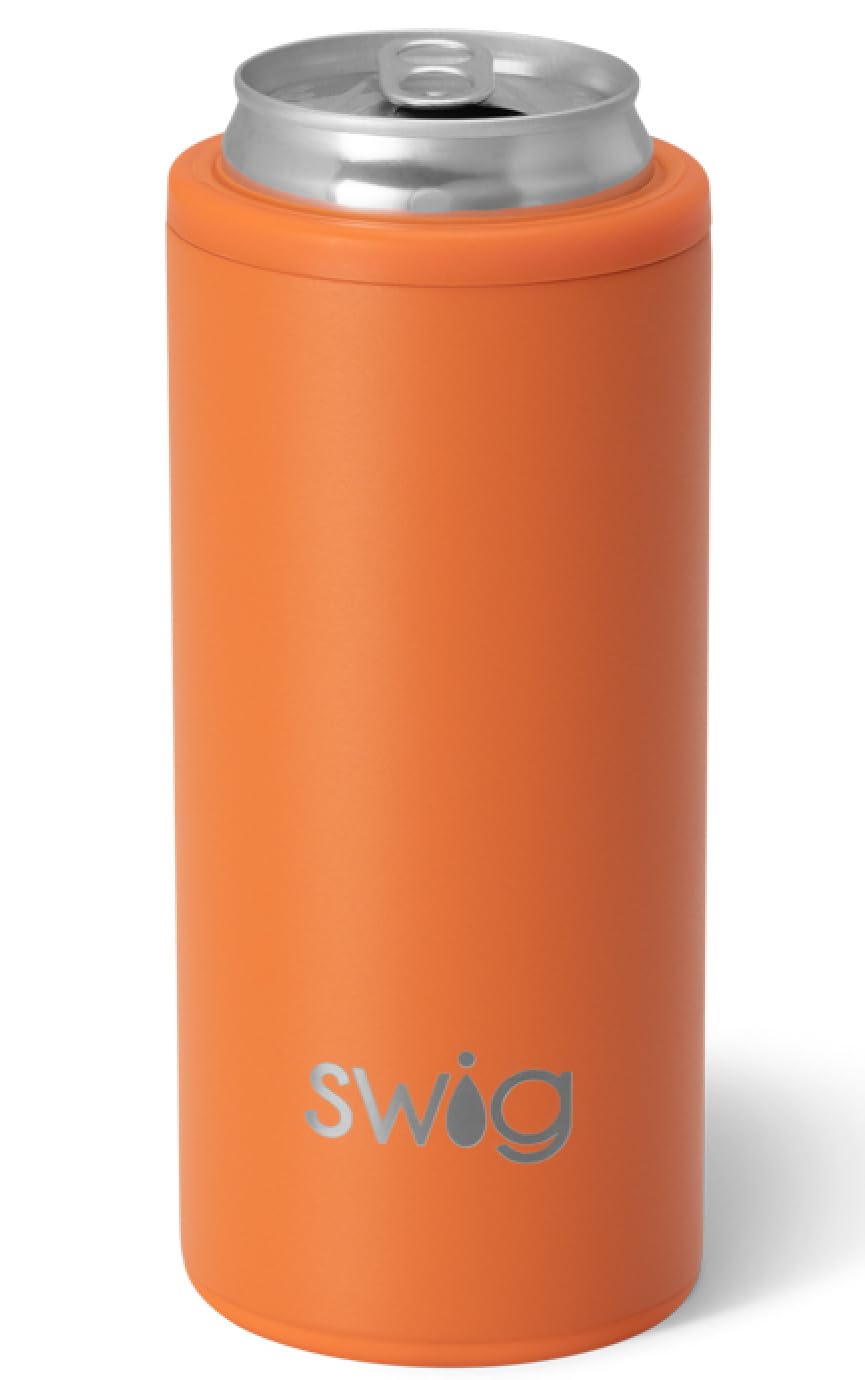 Swig Life Skinny Can Cooler, 12oz Insulated Slim Can Holder, Stainless Steel Cooler, Covers for Tall Beer Bottles, Beach Accessories for Women (Orange)