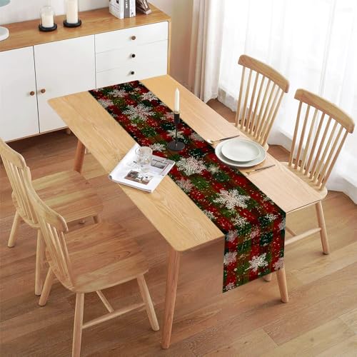Farmhouse Christmas Table Runner 13x72 Inch with Snowflakes & Trees - Holiday Kitchen Decor