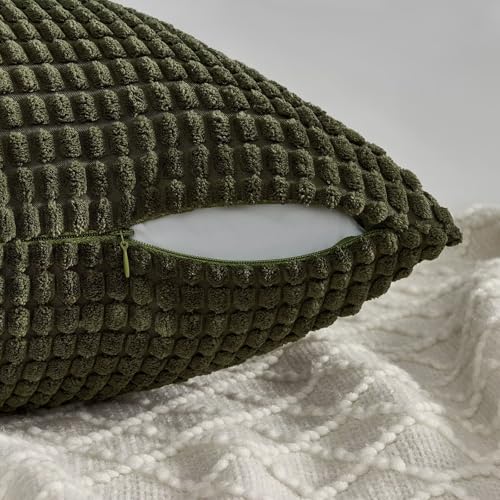 Topfinel Set of 4 Soft Corduroy Decorative Pillow Covers - Olive Green Boho Stripe