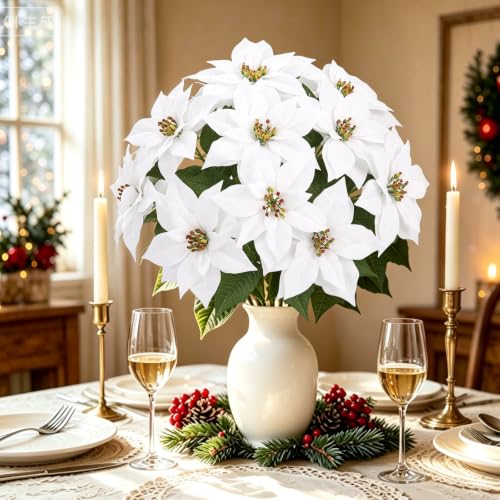 Artificial Poinsettia Flowers Christmas Decor 4PCS White Flocked Holiday Plants