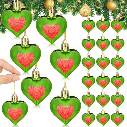 Lunmon 1.8 Inch Christmas Heart Ornaments - Lime Green & Red Set of 24 - Classic Variation