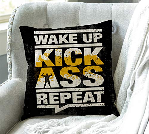 Swono Motivational Quote Throw Pillow Cover 18x18 Inch - Funny Fitness Cushion Case - Wake Up Kick Ass Repeat (Sw-005)
