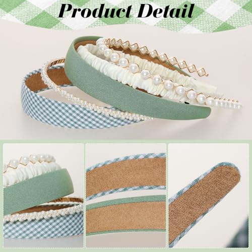 5-Piece Vintage Green Headbands Set Non-Slip Pearl & Floral Hair Bands