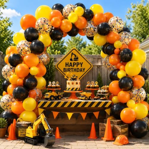 50-Piece Construction Party Balloons Set - Orange, Black & Yellow Decor