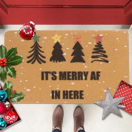 Merry AF Christmas Pine Tree Doormat - Non-Slip Holiday Door Mat 17x30"