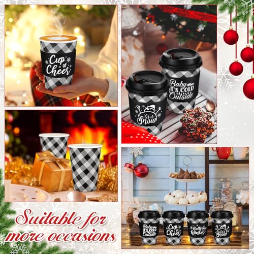 Christmas Buffalo Plaid Coffee Cups Set 16 oz - Black & White with Lids, Sleeves & Straws
