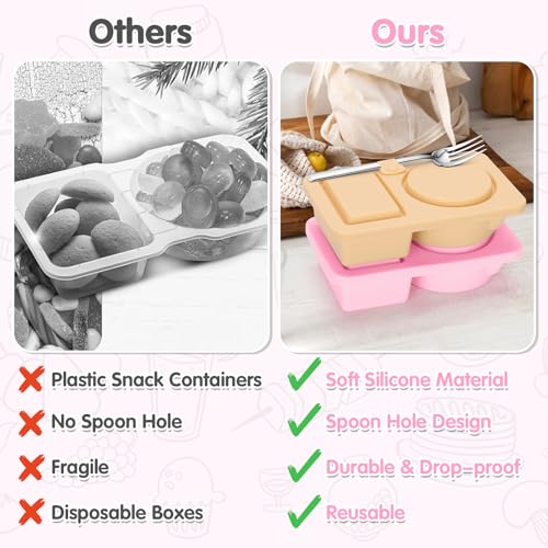 2 PCS Reusable Silicone Snack Containers with Lids - Double Compartment for Fruits & Condiments