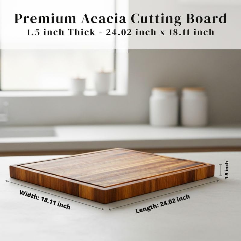 Premium Acacia Wood Cutting Board, 24" x 18" x 1.5" Thick Butcher Block for Meat, BBQ, Brisket & Meal Prep, Deep Juice Groove, Solid Hardwood, Non Toxic, BPA/Plastic Free by New M Way
