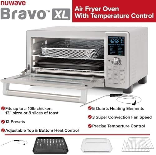 Nuwave Bravo Air Fryer Toaster Oven - 12-in-1 Convection Cooking | 30-QT XL Capacity, Brushed Stainless Steel