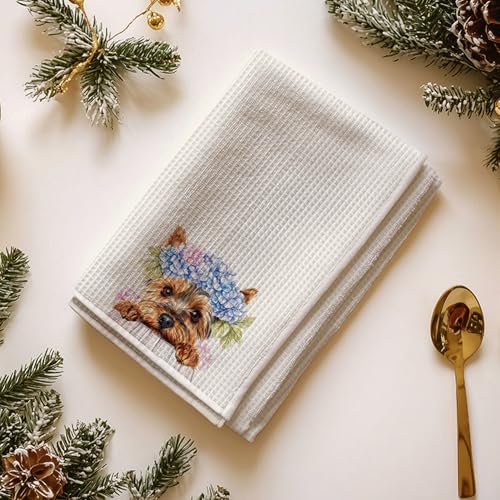 JINYO Blue Hydrangea Yorkshire Terrier Kitchen Towels, 16x24