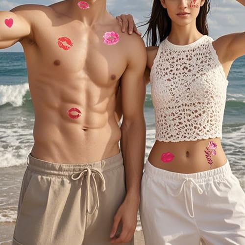 KYLELOVE Lip Temporary Tattoo 12 Sheets - Red Heart & Kiss Face Stickers