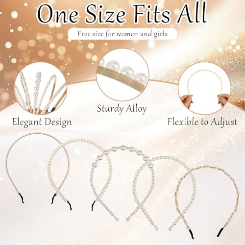 Bremorou 5 Pack Faux Pearl Headbands for Women Non Slip Hair Hoops