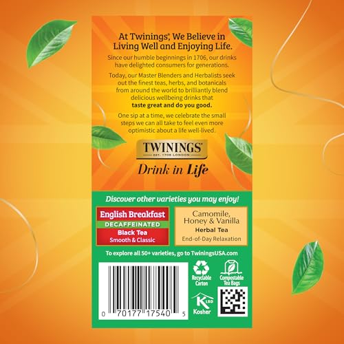 Twinings Decaffeinated Irish Breakfast Black Tea - 20 Count Pack of 6, Individually Wrapped Bags