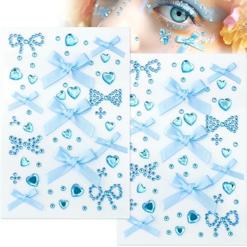 SmallCat Blue Self-Adhesive Face Gems & Bow Rhinestone Stickers for Hair