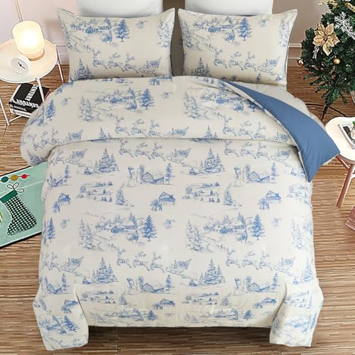 Blue Christmas Comforter Set King - Snowman & Tree Bedding, 104x90"