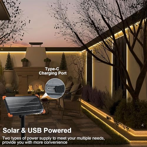 50Ft Solar LED Strip Lights Outdoor Warm White with Remote & Timer