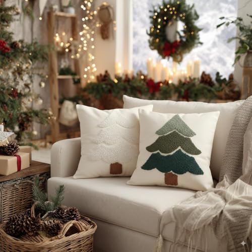 GEEORY Christmas Pillow Covers 18x18 Inch | Embroidered Xmas Tree Decor