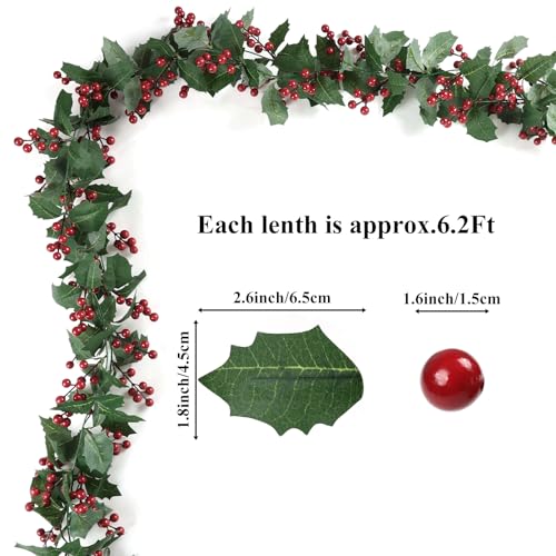 Artificial Christmas Garland with Red Berries and Holly Leaves - 12 Ft, 2 Pack, Holiday Decor