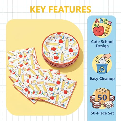Back to School Plates & Napkins Set - 50 Pcs Apple Pencil Design