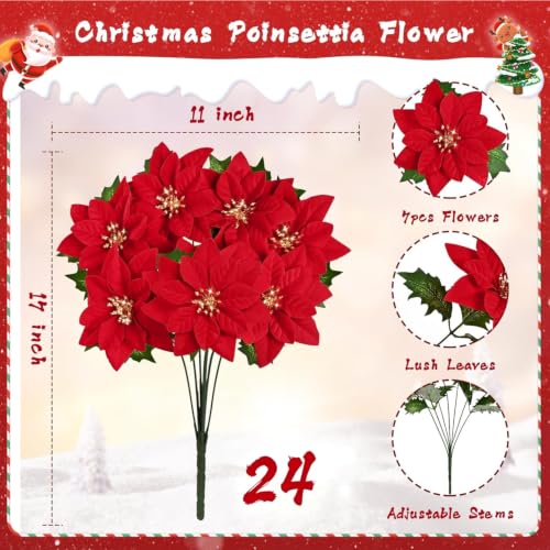 Artificial Poinsettia Flowers - Red Velvet 24 Pack, 17-Inch Christmas Decor