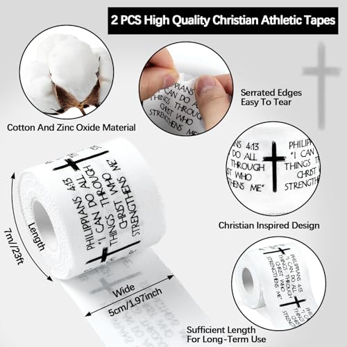 2Pcs Christian Athletic Tape 2in x 23ft Cotton Zinc Oxide Sport Faith Cross Sports Wristbands Religious Bible Verse Wrist Tape for Football Baseball Athlete Gymnastic Boxing First Aid Injury Wrap