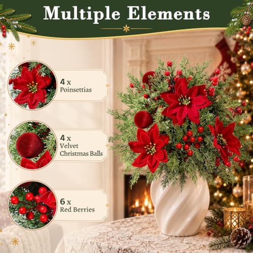 Artificial Poinsettia Flowers with Velvet Balls for Christmas Decor - 2 Pack, Cedar & Velvet Ball Variation