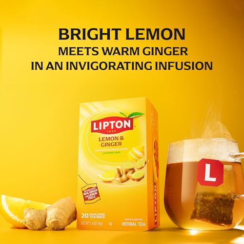 Lipton Lemon Ginger Herbal Tea Bags, Caffeine-Free, 20 Count