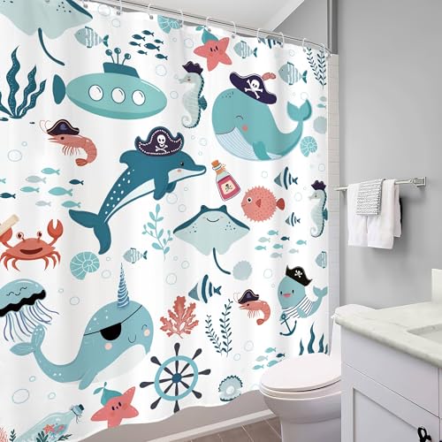 Ocean Whale Teal Blue Shower Curtain Set - 72" x 72"